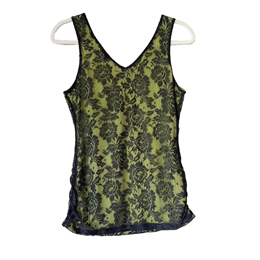 Wet Seal Neon Green Black Lace Ruched Sides Lined Y2K Goth Tank‎ Top Size Large - Picture 5 of 7